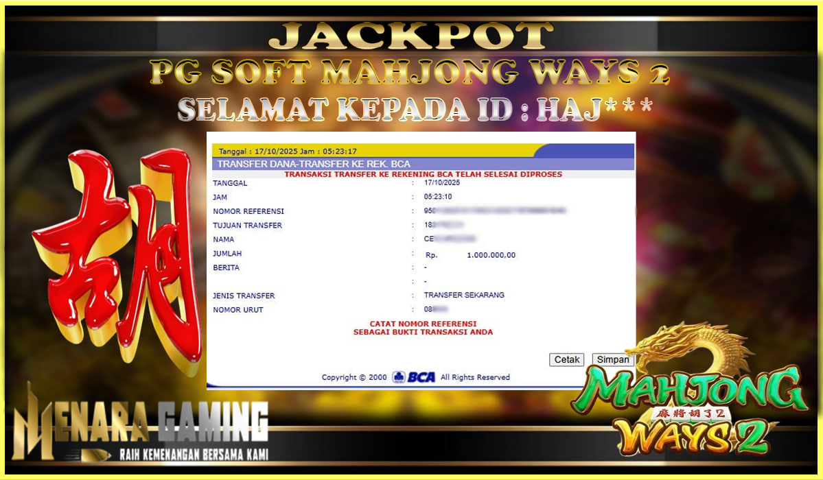 MENARAGAMING JACKPOT PG SOFT MAHJONG WAYS 2 Rp. 1.000.000,- LUNAS