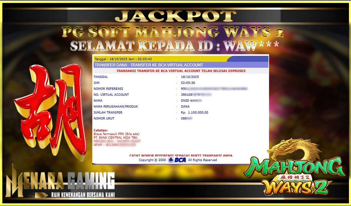 MENARAGAMING JACKPOT PG SOFT MAHJONG WAYS 2 Rp. 1.000.000,- LUNAS