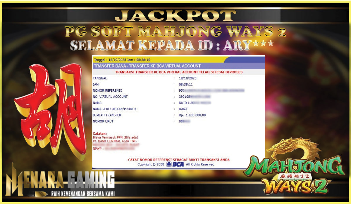 MENARAGAMING JACKPOT PG SOFT MAHJONG WAYS 2 Rp. 1.000.000,- LUNAS