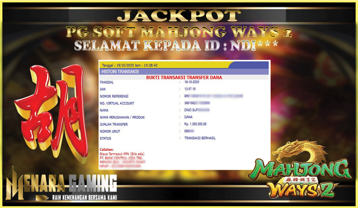MENARAGAMING JACKPOT PG SOFT MAHJONG WAYS 2 Rp. 1.000.000,- LUNAS