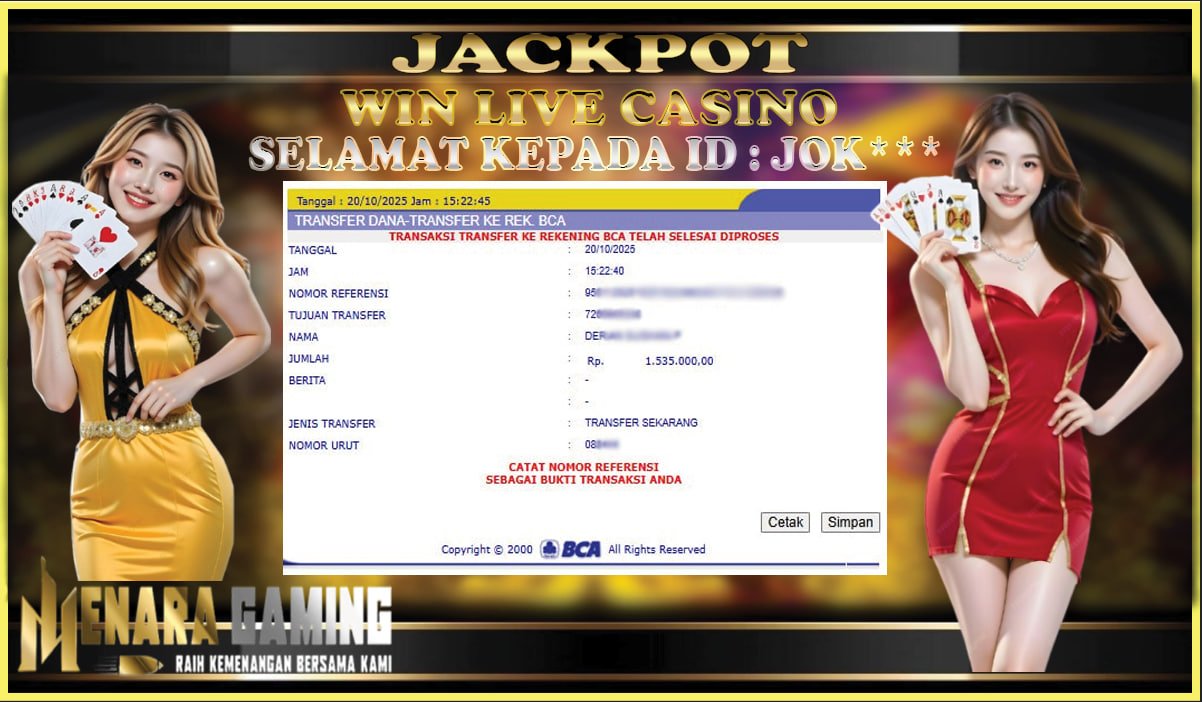 MENARAGAMING JACKPOT LIVE CASINO Rp. 1.000.000,- LUNAS