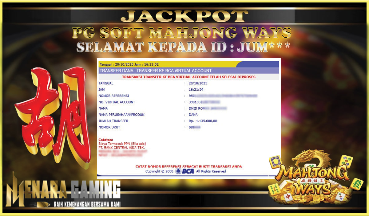 MENARAGAMING JACKPOT PG SOFT MAHJONG WAYS Rp. 1.000.000,- LUNAS