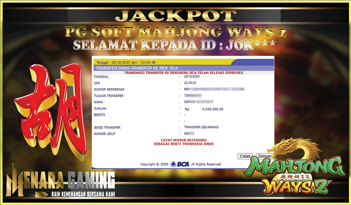 MENARAGAMING JACKPOT PG SOFT MAHJONG WAYS 2 Rp. 4.000.000,- LUNAS