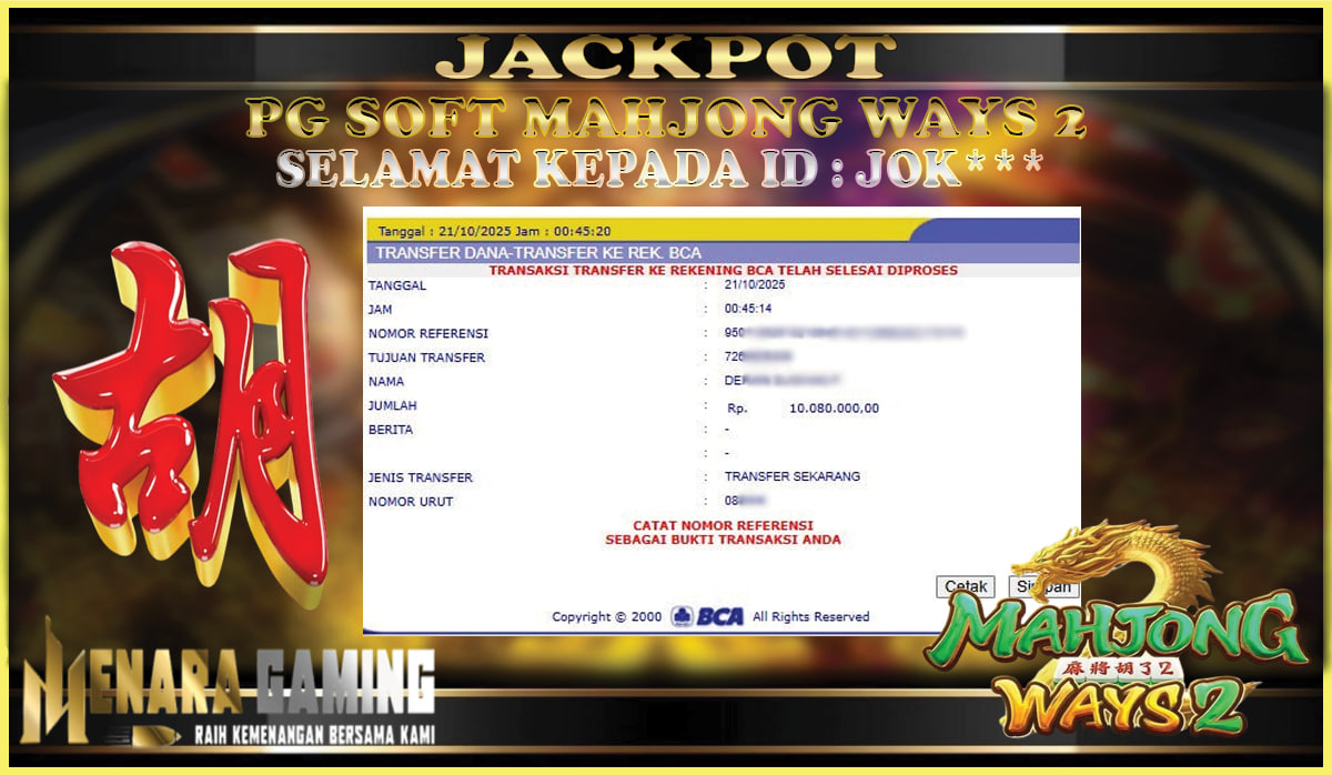 MENARAGAMING JACKPOT PG SOFT MAHJONG WAYS 2 Rp. 10.000.000,- LUNAS