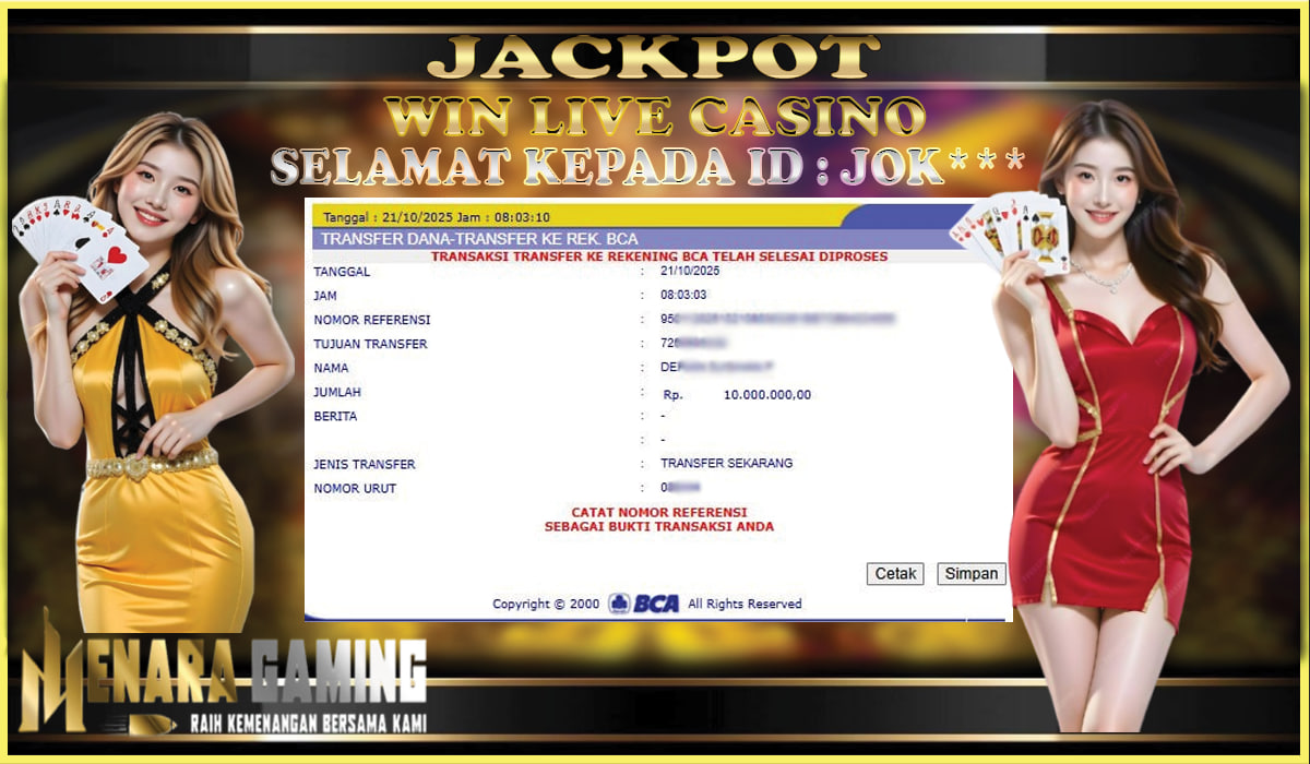 MENARAGAMING JACKPOT LIVE CASINO Rp. 10.000.000,- LUNAS