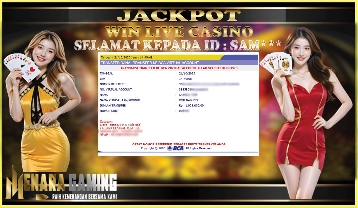 MENARAGAMING JACKPOT LIVE CASINO Rp. 1.000.000,- LUNAS