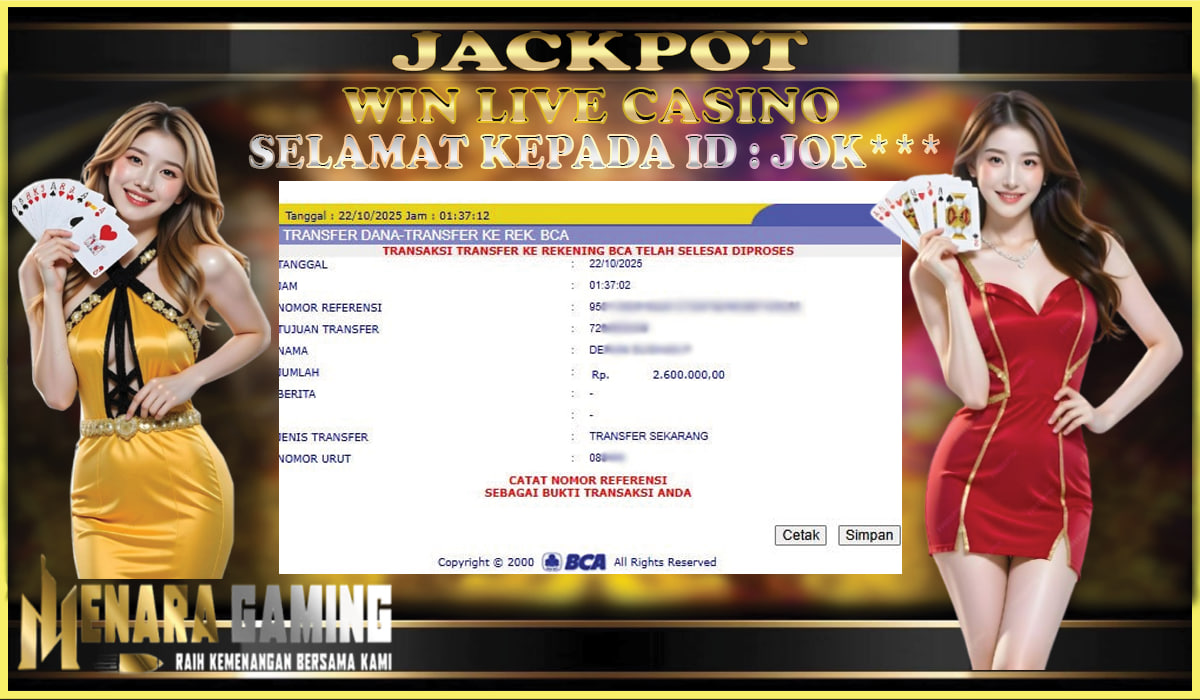 MENARAGAMING JACKPOT LIVE CASINO Rp. 2.000.000,- LUNAS