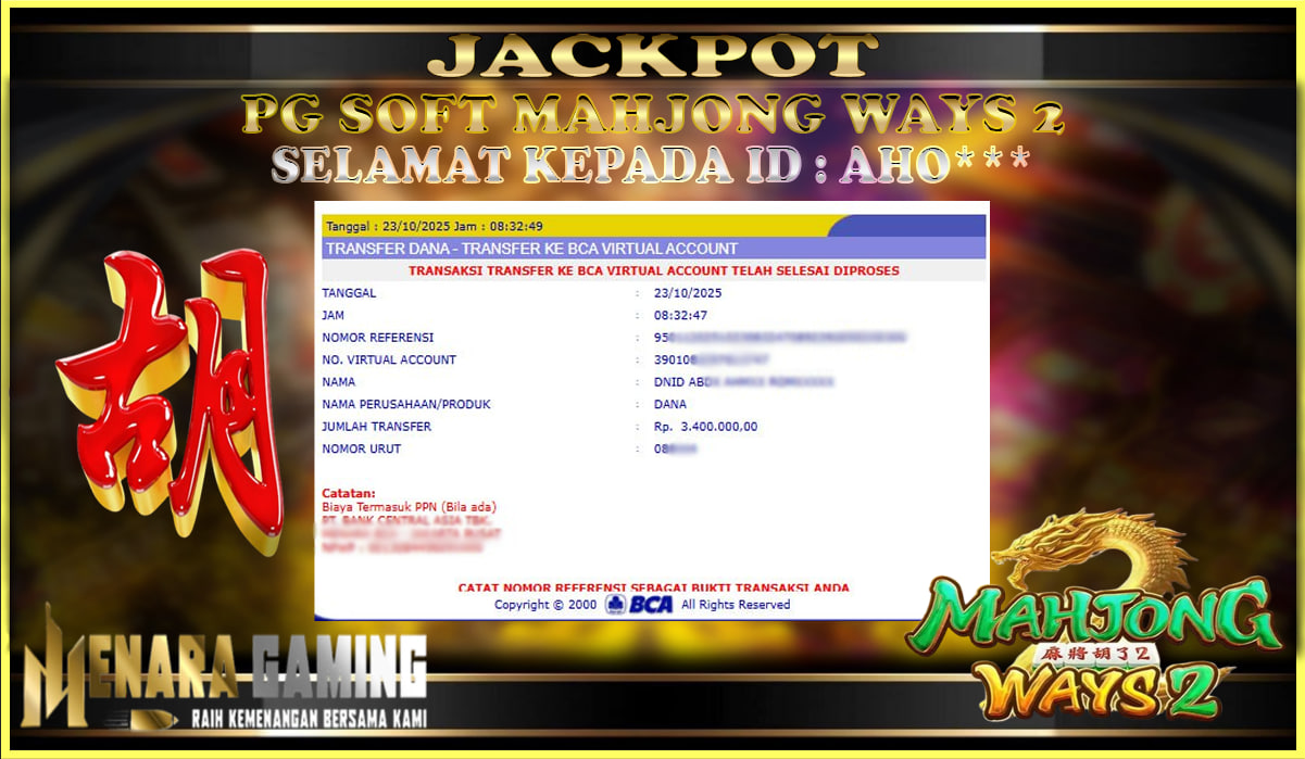 MENARAGAMING JACKPOT PG SOFT MAHJONG WAYS 2 Rp. 3.000.000,- LUNAS