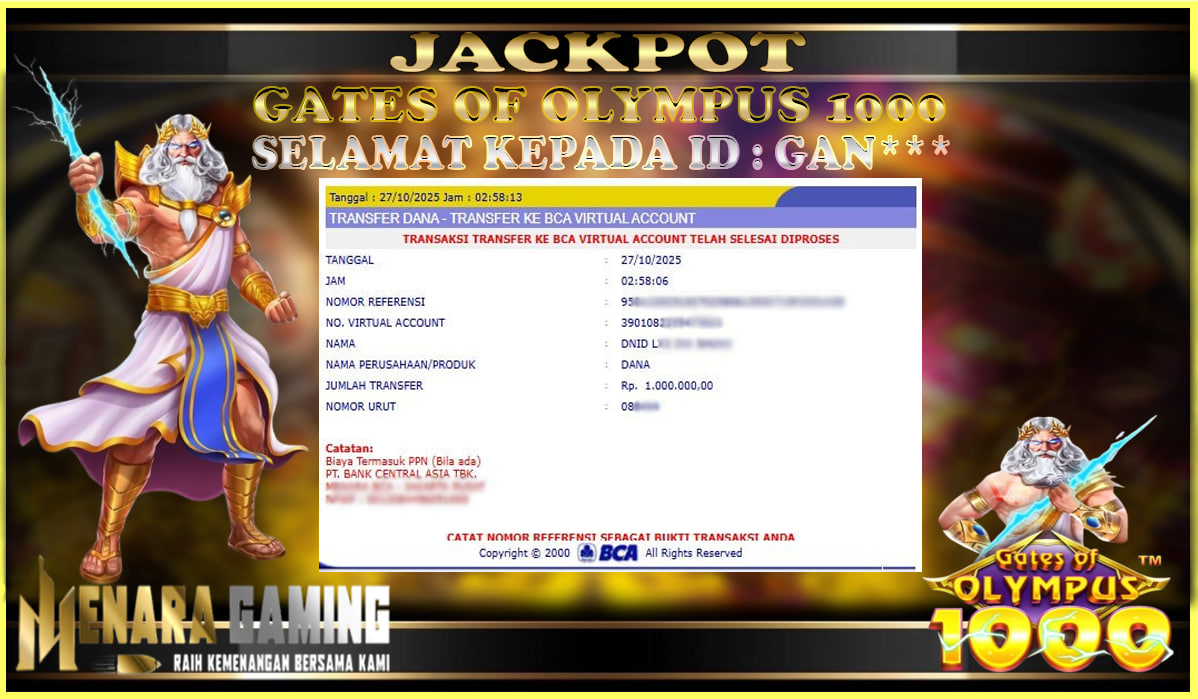 MENARAGAMING JACKPOT PRAGMATIC PLAY GATES OF OLYMPUS 1000 Rp. 1.000.000,- LUNAS