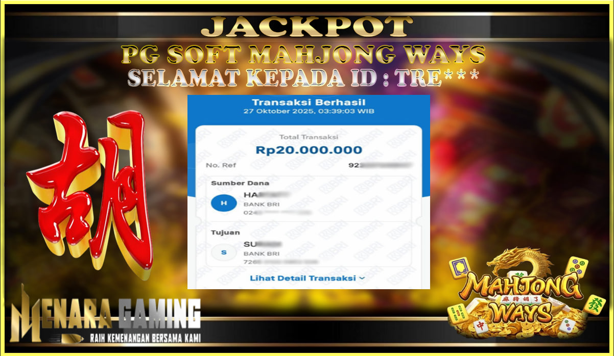 MENARAGAMING JACKPOT PG SOFT MAHJONG WAYS Rp. 20.000.000,- LUNAS