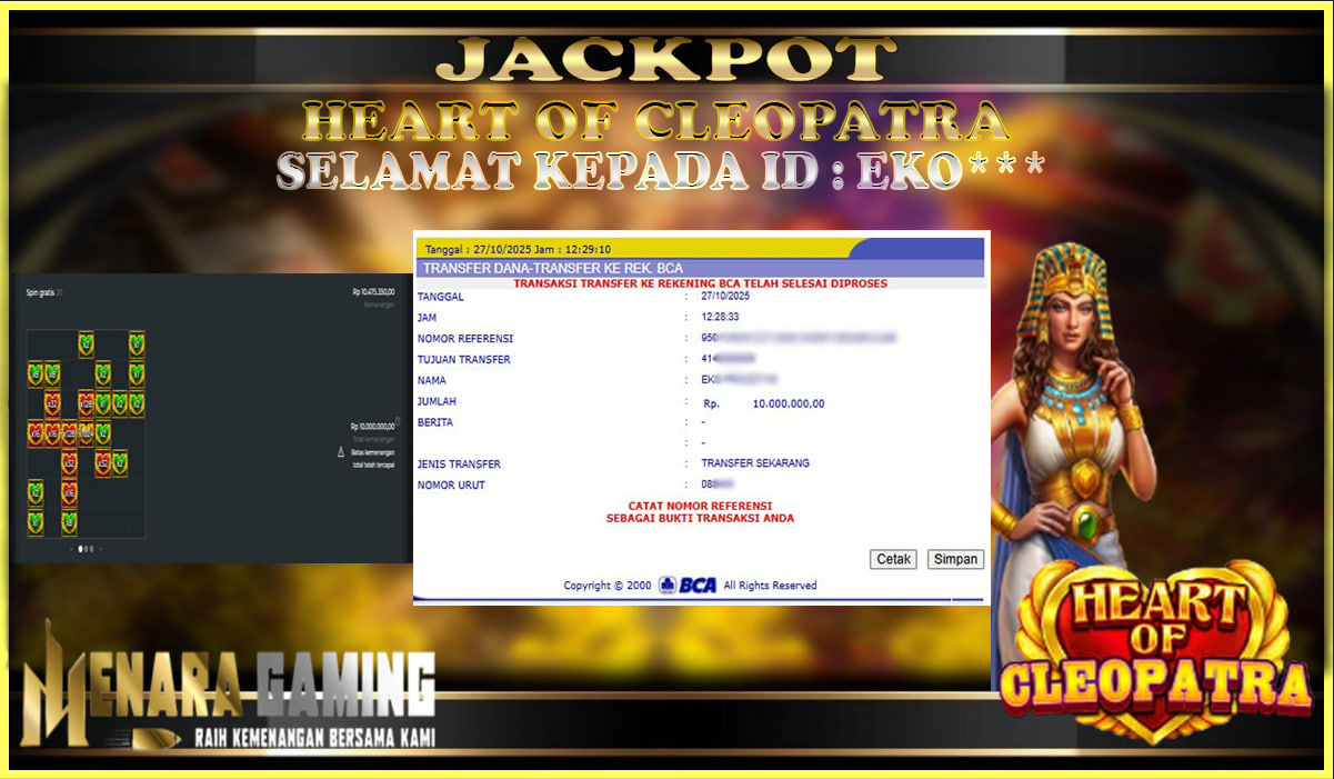 MENARAGAMING JACKPOT PRAGMATIC PLAY HEART OF CLEOPATRA Rp. 10.000.000,- LUNAS