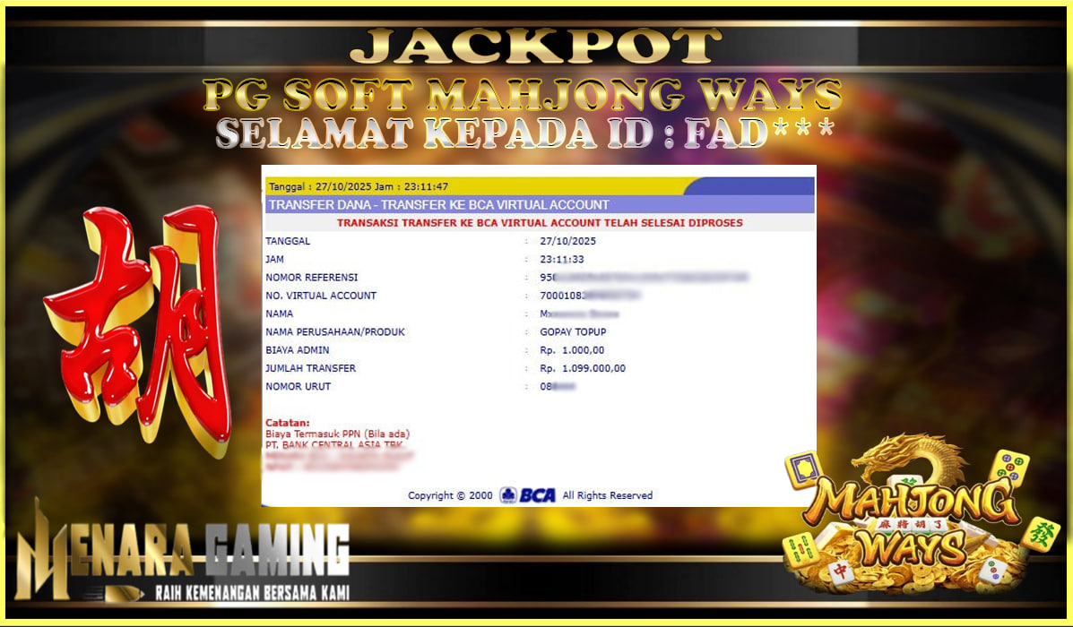 MENARAGAMING JACKPOT PG SOFT MAHJONG WAYS Rp. 1.000.000,- LUNAS