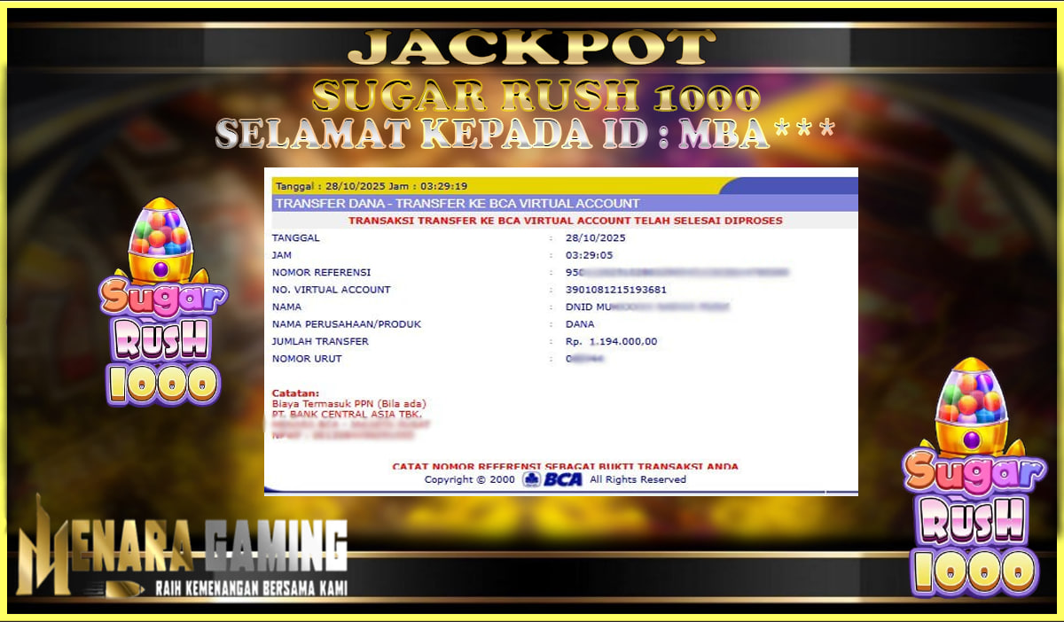 MENARAGAMING JACKPOT PRAGMATIC PLAY SUGAR RUSH 1000 Rp. 1.000.000,- LUNAS
