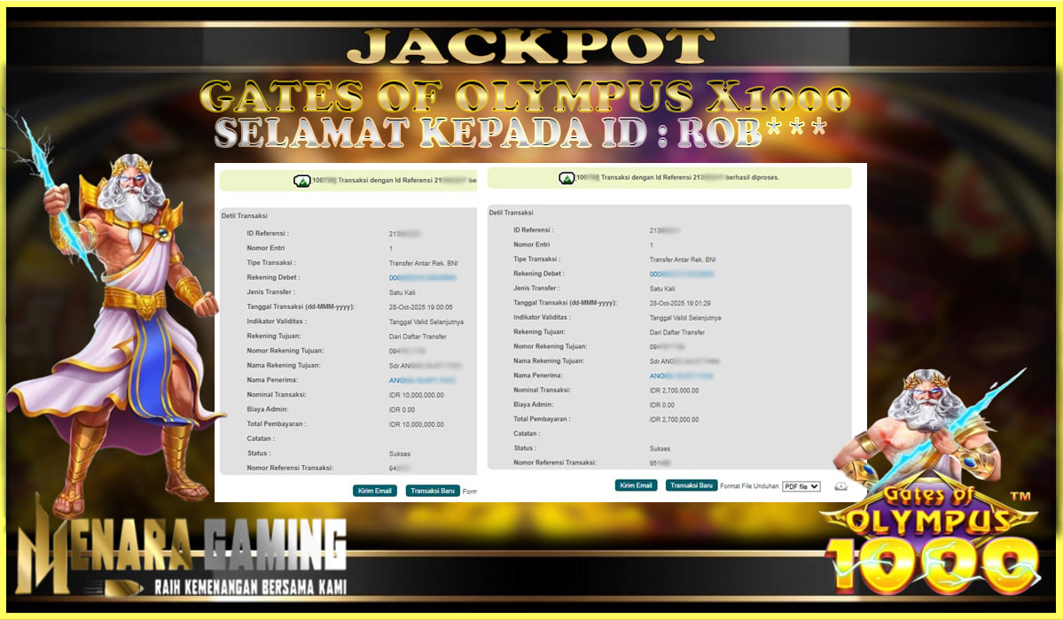 MENARAGAMING JACKPOT PRAGMATIC PLAY GATES OF OLYMPUS 1000 Rp. 12.000.000,- LUNAS