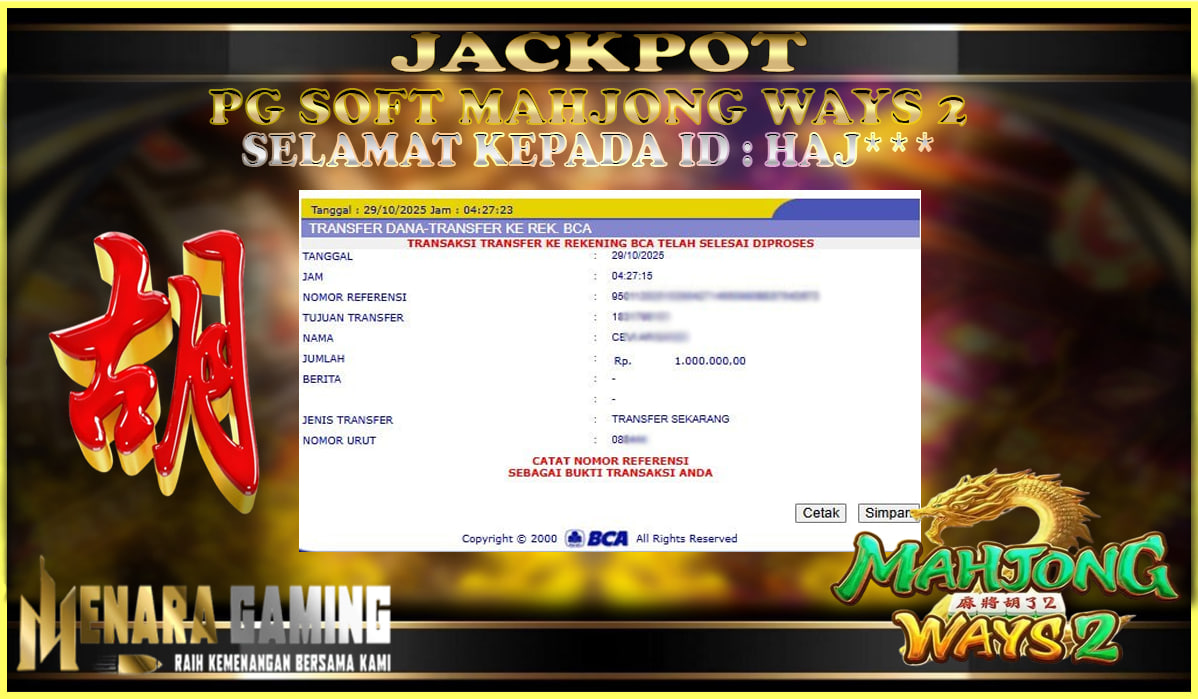MENARAGAMING JACKPOT PG SOFT MAHJONG WAYS 2 Rp. 1.000.000,- LUNAS