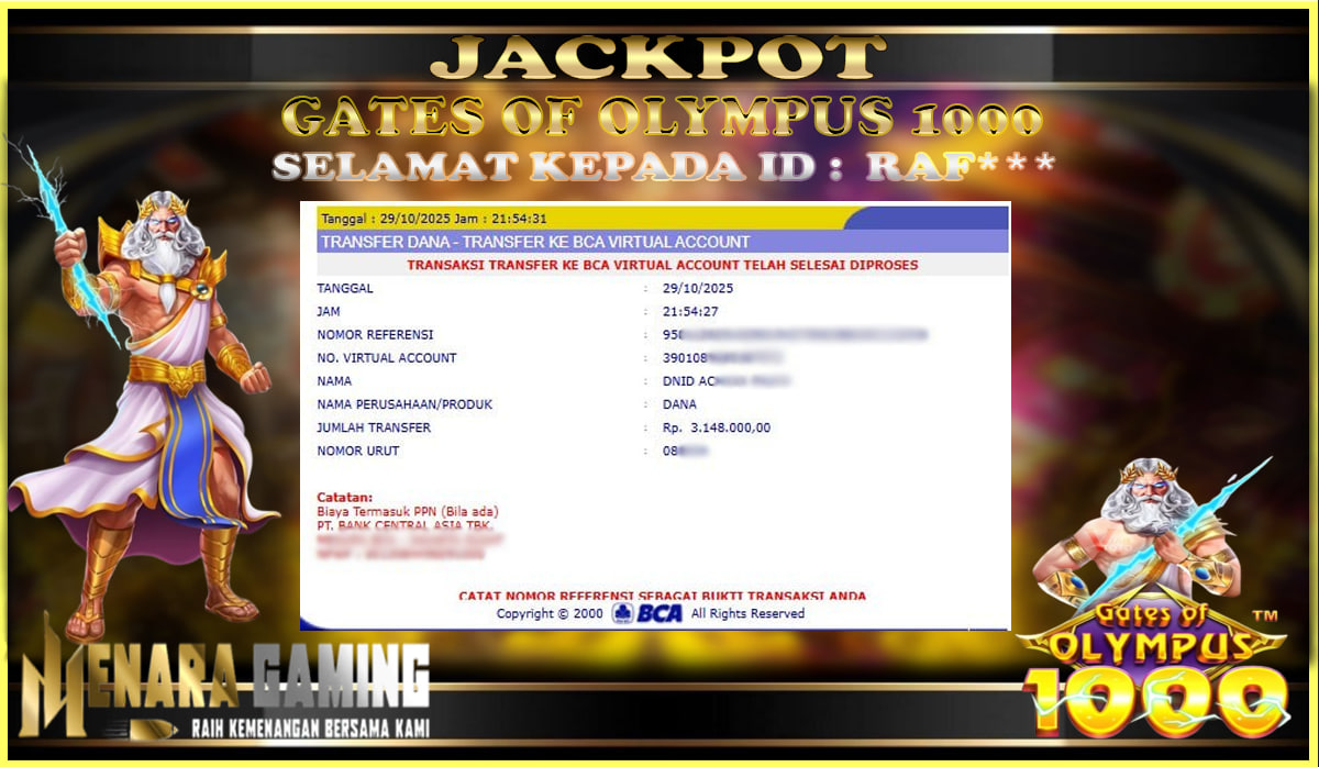 MENARAGAMING JACKPOT PRAGMATIC PLAY GATES OF OLYMPUS 1000 Rp. 3.000.000,- LUNAS