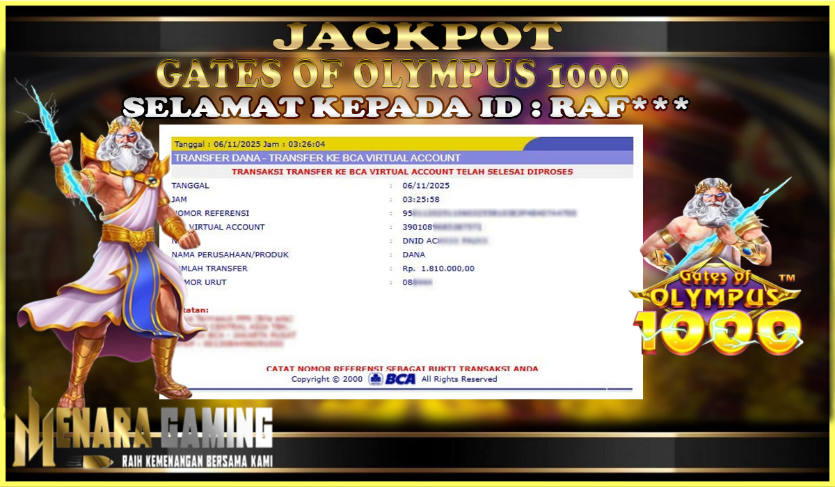 MENARAGAMING JACKPOT PRAGMATIC PLAY GATES OF OLYMPUS 1000 Rp. 1.000.000,- LUNAS