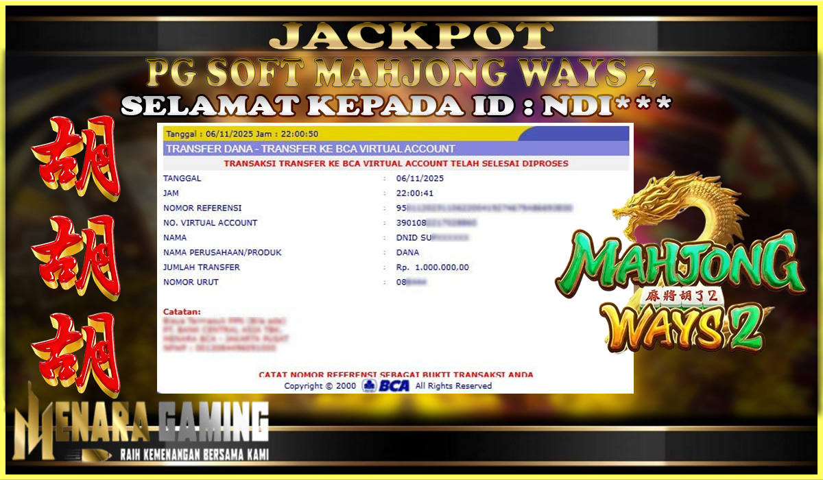 MENARAGAMING JACKPOT PG SOFT MAHJONG WAYS 2 Rp. 1.000.000,- LUNAS