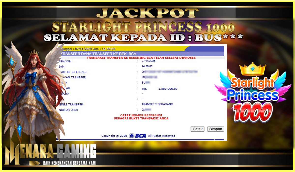 MENARAGAMING JACKPOT PRAGMATIC PLAY STARLIGHT PRINCESS 1000 Rp. 1.000.000,- LUNAS