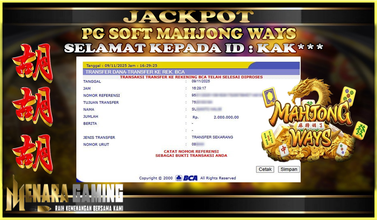 MENARAGAMING JACKPOT PG SOFT MAHJONG WAYS Rp. 2.000.000,- LUNAS