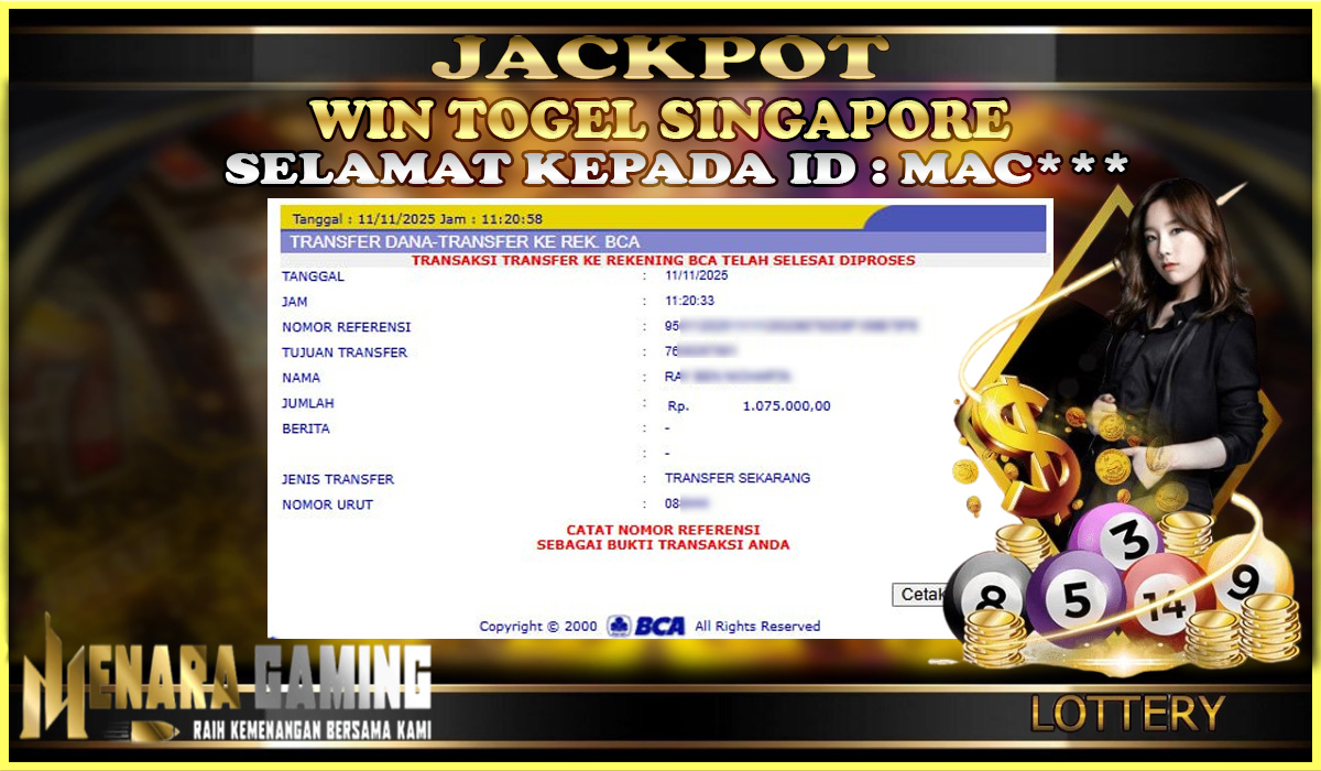 MENARAGAMING JACKPOT TOGEL SINGAPORE  Rp. 1.000.000,- LUNAS