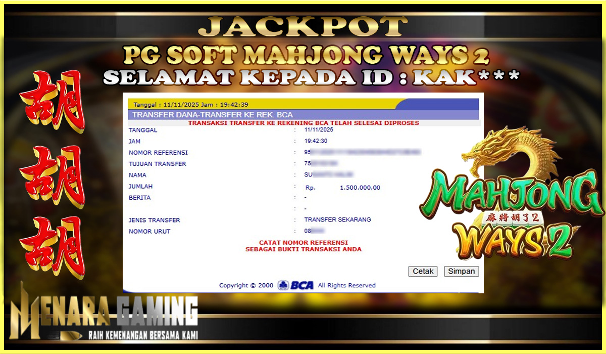 MENARAGAMING JACKPOT PG SOFT MAHJONG WAYS 2 Rp. 1.000.000,- LUNAS