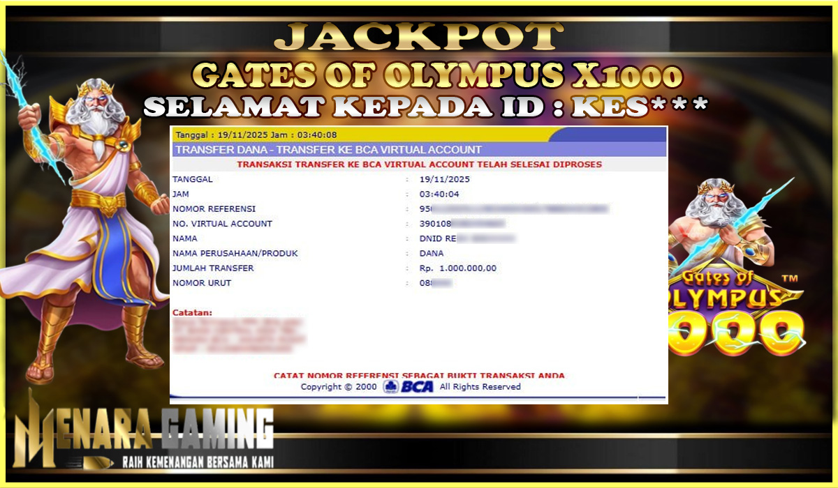 MENARAGAMING JACKPOT PRAGMATIC PLAY GATES OF OLYMPUS 1000 Rp. 1.000.000,- LUNAS
