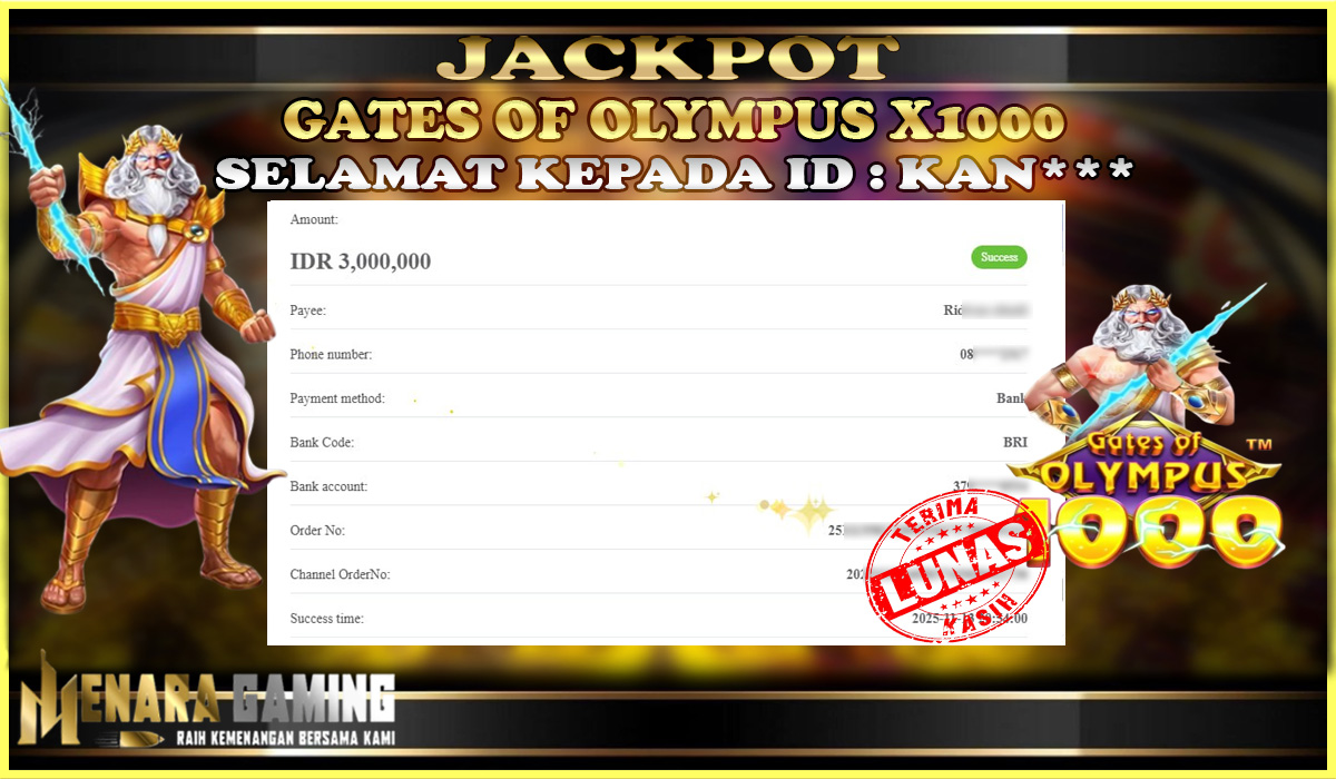 MENARAGAMING JACKPOT PRAGMATIC PLAY GATES OF OLYMPUS 1000 Rp. 3.000.000,- LUNAS