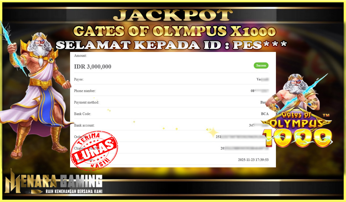 MENARAGAMING JACKPOT PRAGMATIC PLAY GATES OF OLYMPUS 1000 Rp. 3.000.000,- LUNAS