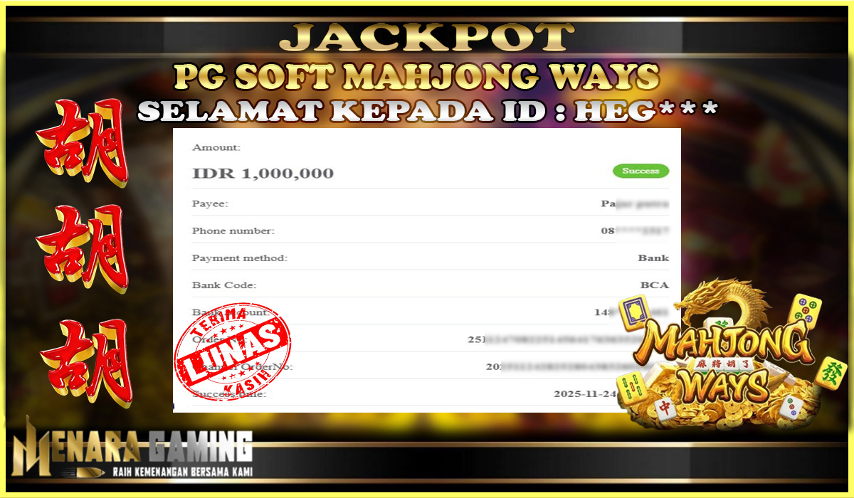 MENARAGAMING JACKPOT PG SOFT MAHJONG WAYS Rp. 1.000.000,- LUNAS
