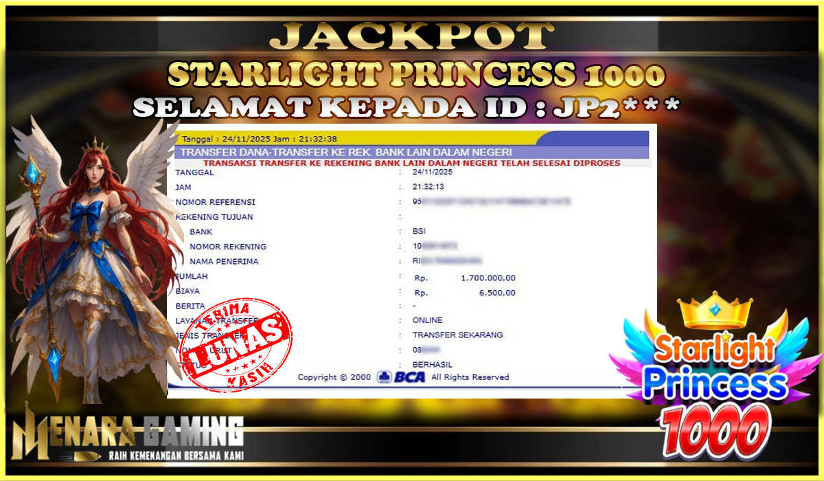 MENARAGAMING JACKPOT PRAGMATIC PLAY STARLIGHT PRINCESS 1000 Rp. 1.000.000,- LUNAS