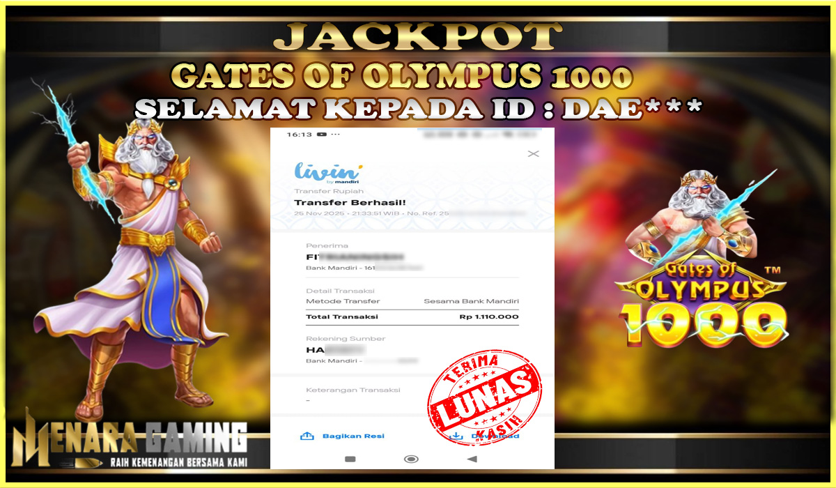 MENARAGAMING JACKPOT PRAGMATIC PLAY GATES OF OLYMPUS 1000 Rp. 1.000.000,- LUNAS