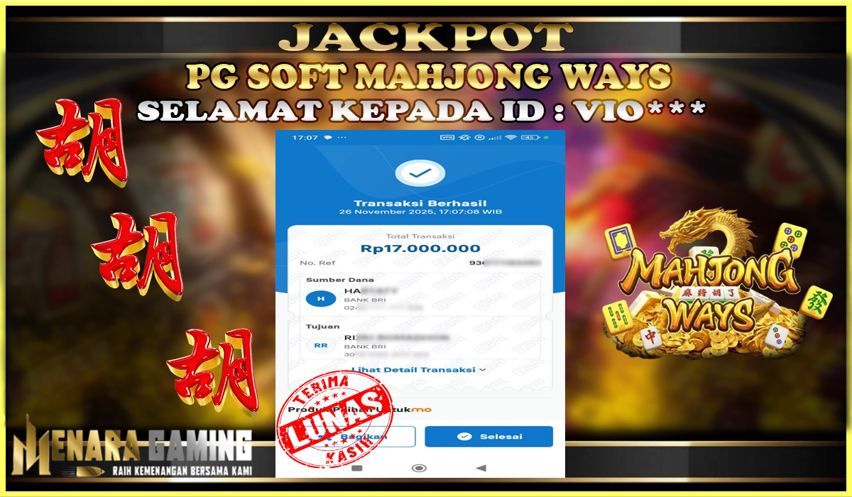 MENARAGAMING JACKPOT PG SOFT MAHJONG WAYS Rp. 17.000.000,- LUNAS