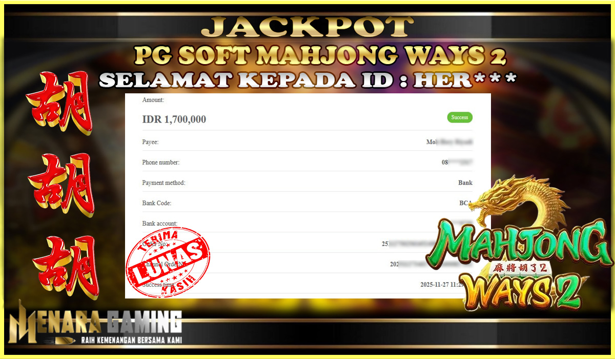 MENARAGAMING JACKPOT PG SOFT MAHJONG WAYS 2 Rp. 1.000.000,- LUNAS