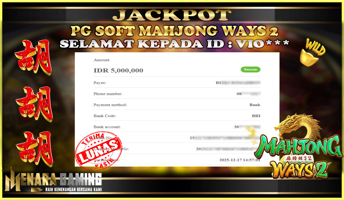 MENARAGAMING JACKPOT PG SOFT MAHJONG WAYS 2 Rp. 5.000.000,- LUNAS