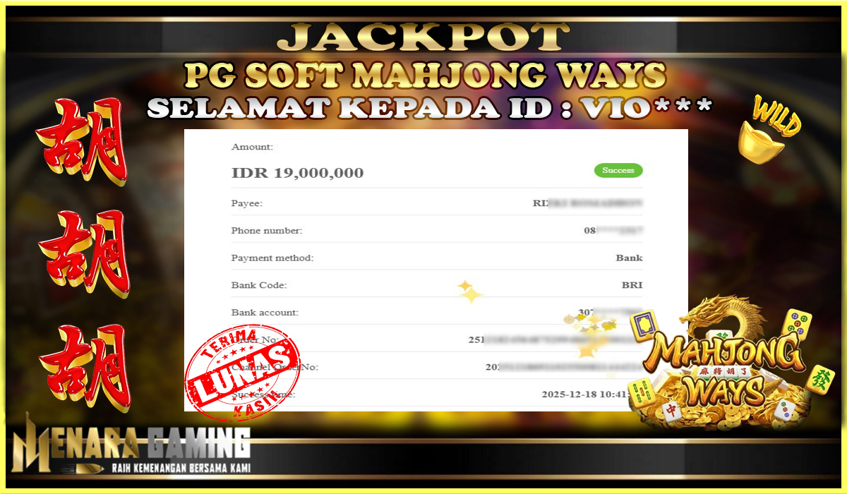 MENARAGAMING JACKPOT PG SOFT MAHJONG WAYS Rp. 19.000.000,- LUNAS
