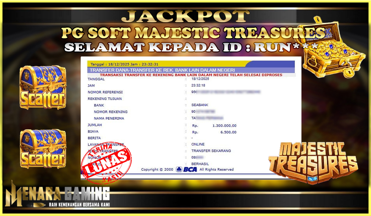 MENARAGAMING JACKPOT PG SOFT MAJESTIC TREASURES Rp. 1.000.000,- LUNAS