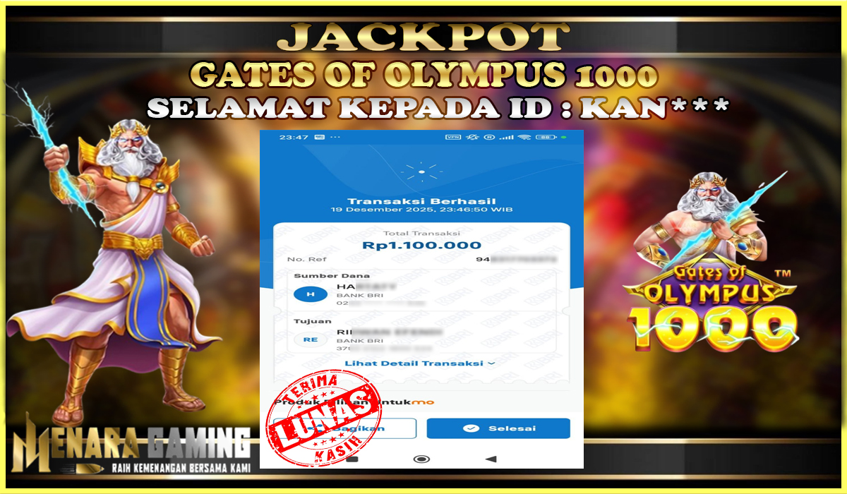 MENARAGAMING JACKPOT PRAGMATIC PLAY GATES OF OLYMPUS 1000 Rp. 1.000.000,- LUNAS
