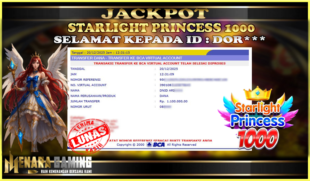 MENARAGAMING JACKPOT PRAGMATIC PLAY STARLIGHT PRINCESS 1000 Rp. 1.000.000,- LUNAS