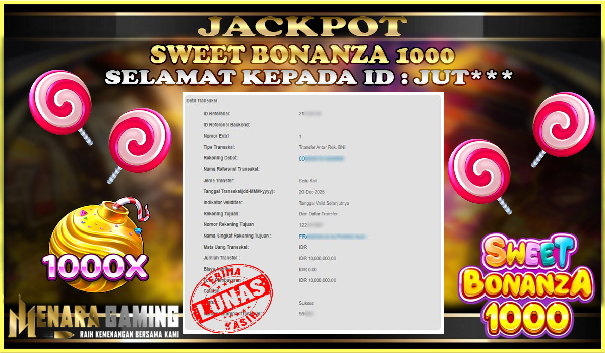 MENARAGAMING JACKPOT PRAGMATIC PLAY SWEET BONANZA 1000 Rp. 10.000.000,- LUNAS
