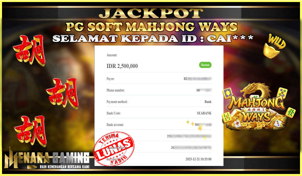 MENARAGAMING JACKPOT PG SOFT MAHJONG WAYS Rp. 2.000.000,- LUNAS