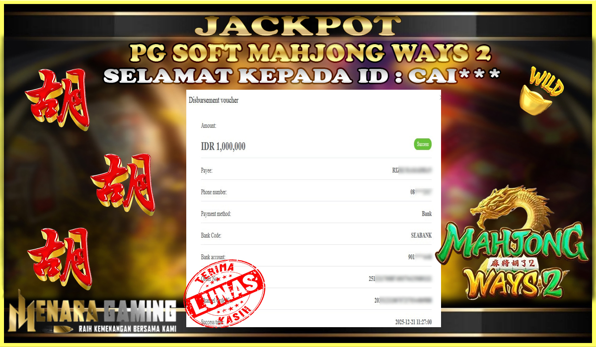 MENARAGAMING JACKPOT PG SOFT MAHJONG WAYS 2 Rp. 1.000.000,- LUNAS
