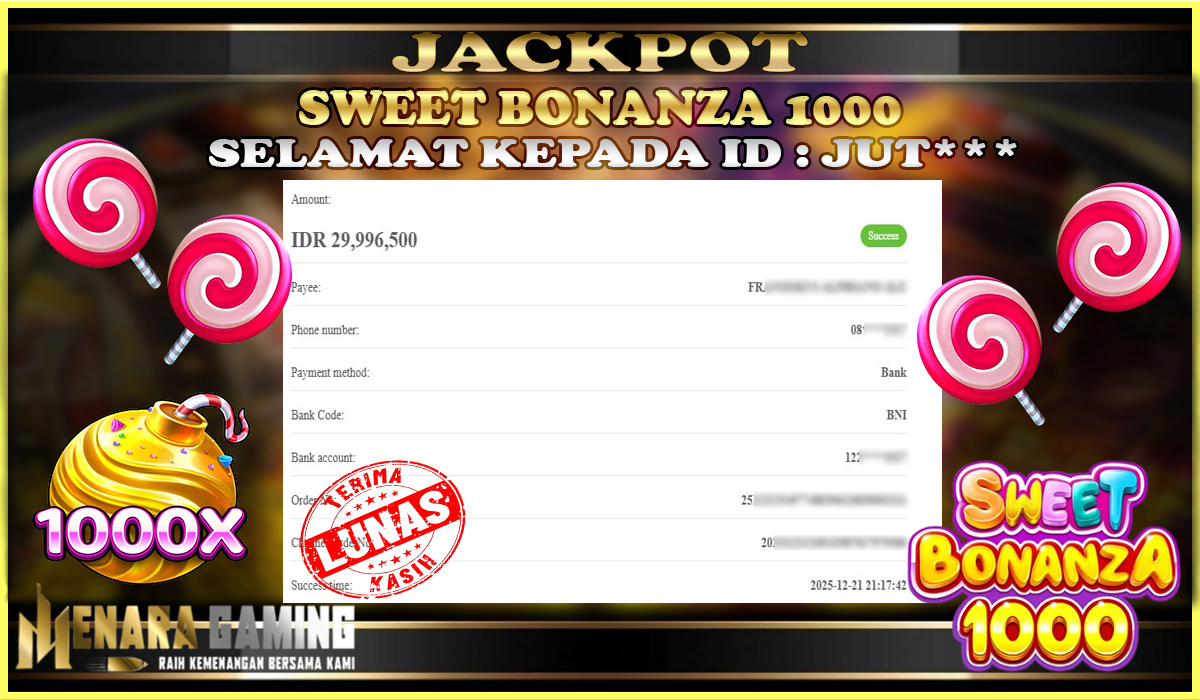 MENARAGAMING JACKPOT PRAGMATIC PLAY SWEET BONANZA 1000 Rp. 29.000.000,- LUNAS