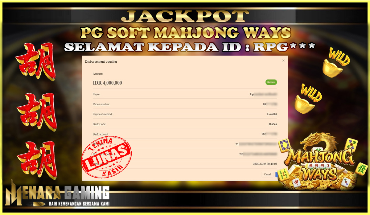 MENARAGAMING JACKPOT PG SOFT MAHJONG WAYS Rp. 4.000.000,- LUNAS