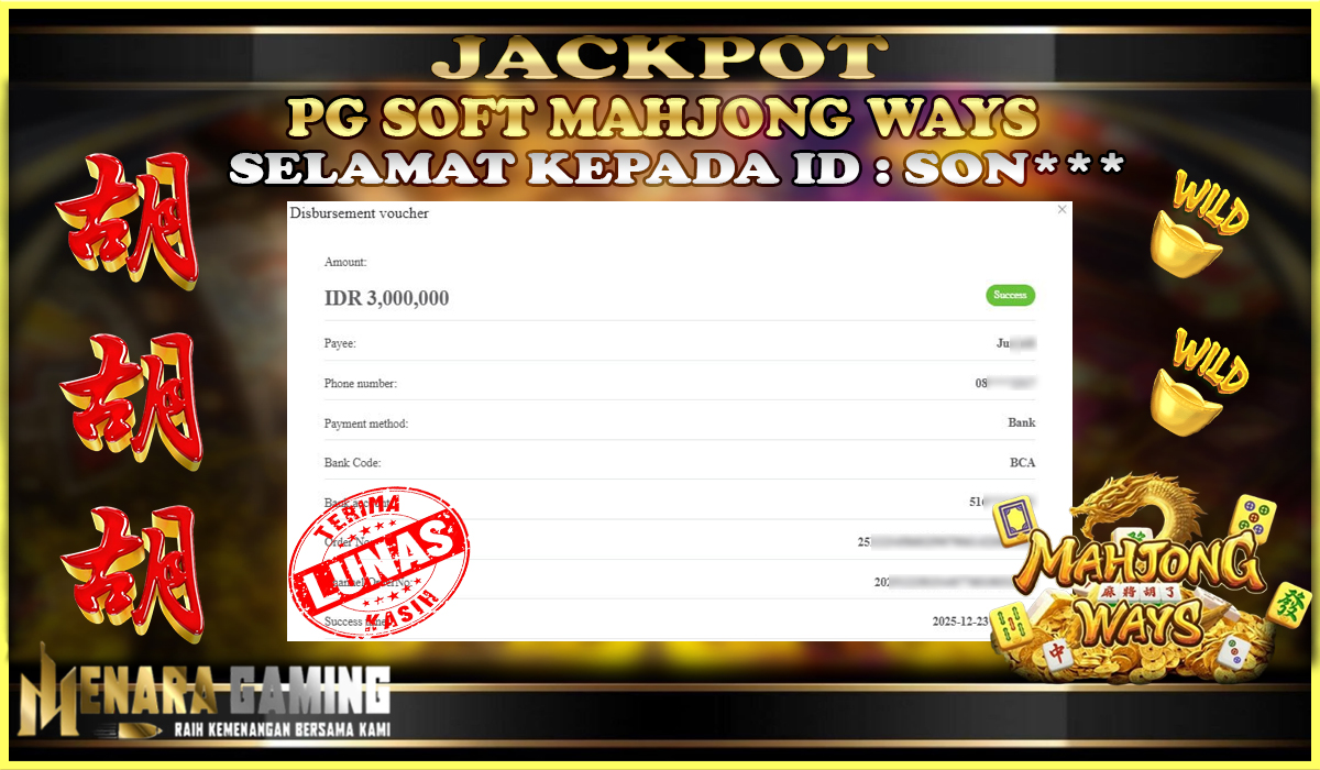 MENARAGAMING JACKPOT PG MAHJONG WAYS Rp. 3.000.000,- LUNAS