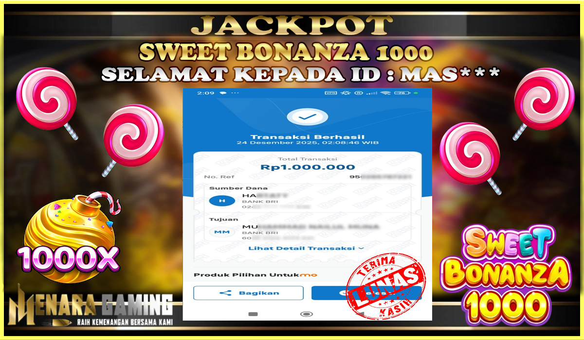 MENARAGAMING JACKPOT PRAGMATIC PLAY SWEET BONANZA 1000 Rp. 1.000.000,- LUNAS