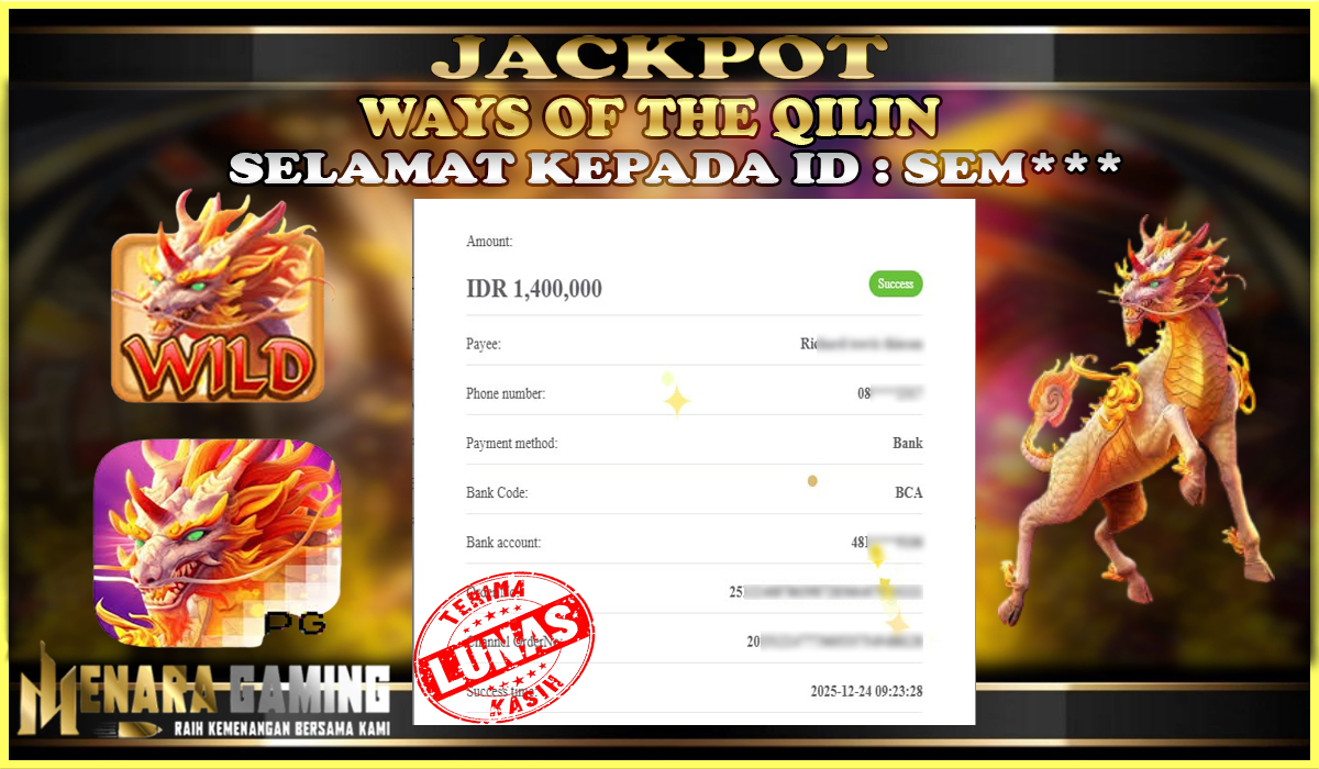 MENARAGAMING JACKPOT PG WAYS OF THE QILIN Rp. 1.000.000,- LUNAS