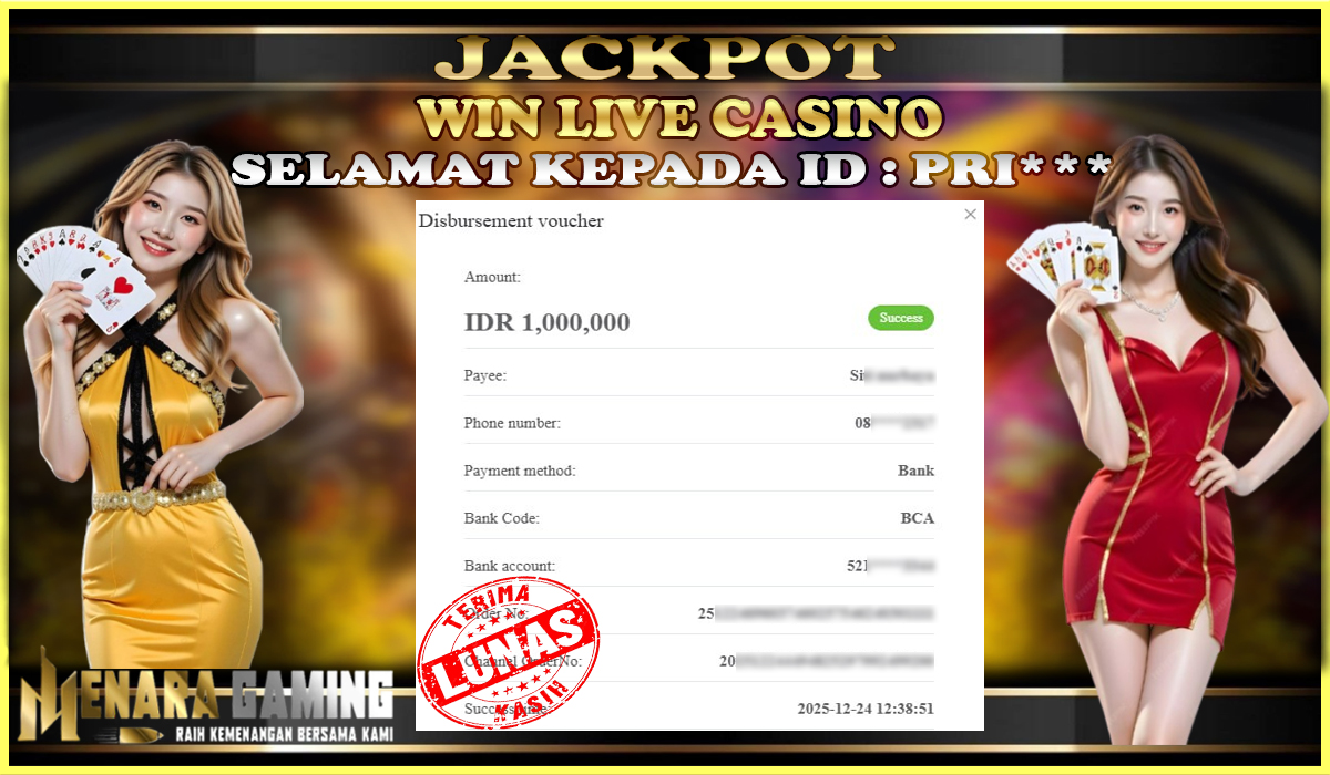 MENARAGAMING JACKPOT LIVE CASINO Rp. 1.000.000,- LUNAS