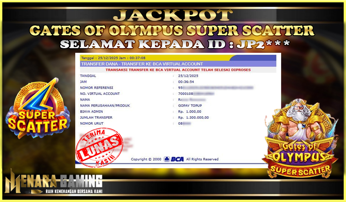 MENARAGAMING JACKPOT PRAGMATIC PLAY GATES OF OLYMPUS SUPER SCATTER Rp. 1.000.000,- LUNAS