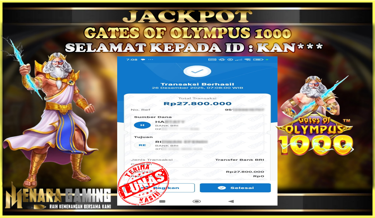 MENARAGAMING JACKPOT PRAGMATIC PLAY GATES OF OLYMPUS 1000 Rp. 27.000.000,- LUNAS